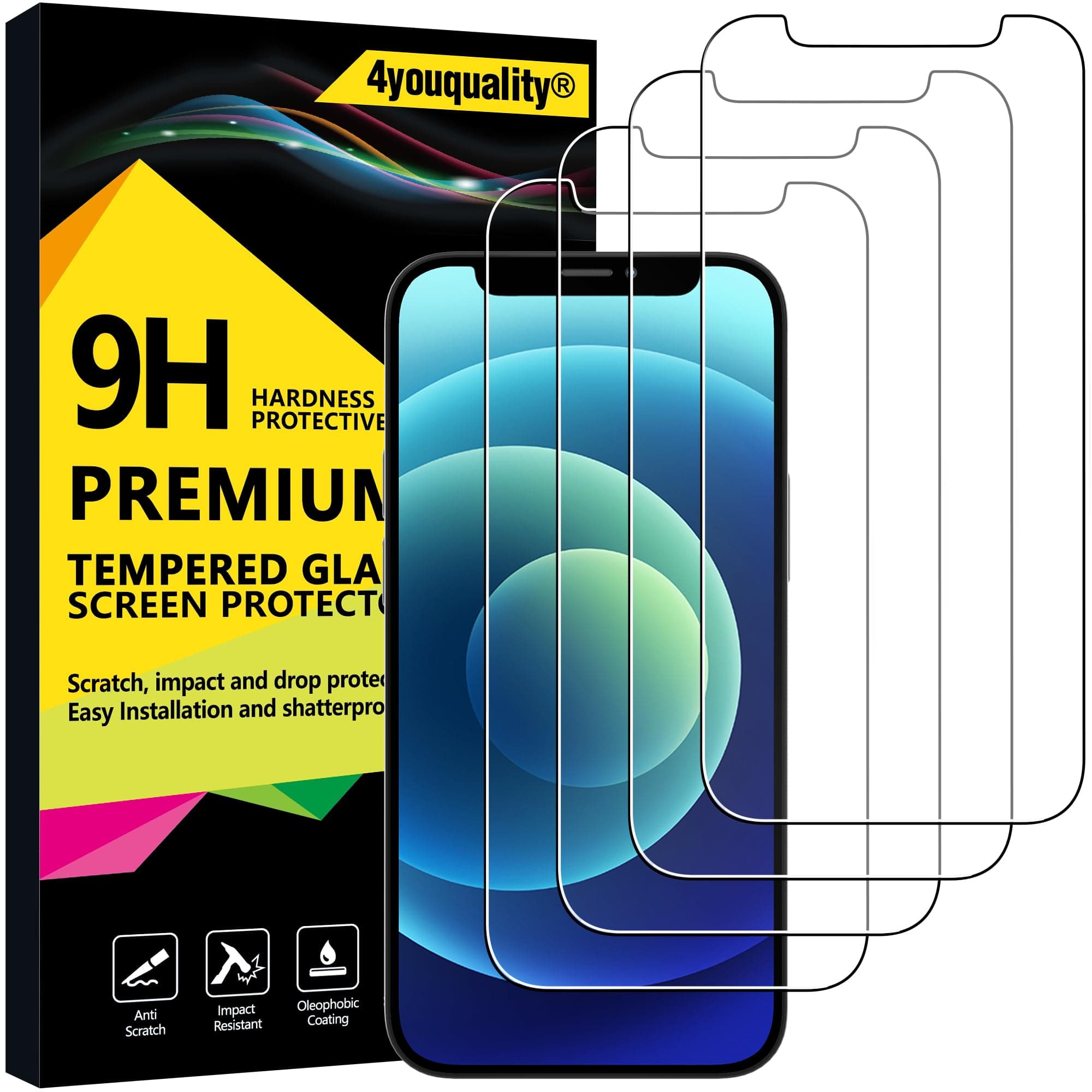 4youquality [4-Pack Screen Protector for iPhone 12 Mini (5.4-Inch), Tempered Glass Film, [LifetimeSupport][Anti-Scratch][Anti-Shatter]