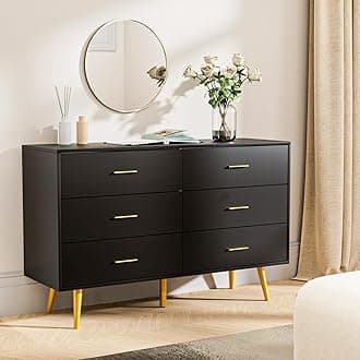 CARPETNAL Black Dresser for Bedroom, 6 Drawer Dresser with Wide Drawers and Gold Metal Handles, Wood Dressers & Chest of Hallway, Entryway.