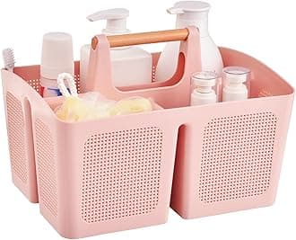 ALINK Portable Shower Caddy Basket with Compartments, Plastic Divided Cleaning Caddy Organizer Storage Tote with Handle for Bathroom, College, Dorm Room Essentials, Pink