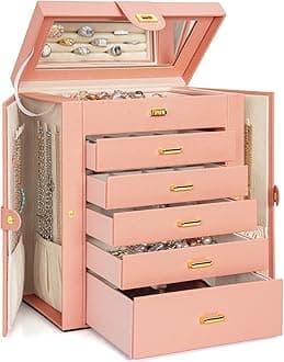 AKOZLIN Large Jewelry Box Organizer Functional Lockable with Big Mirror, Leather Jewelry Storage Case for Women Girls Ring Necklace Earring Bracelet Holder Organizer Pink