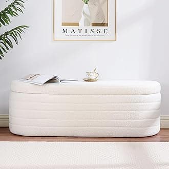 Ottoman Storage Box, Teddy Upholstered Fabric Large Storage Bench End of Bed Stool with Safety Hinge Footstool for Bedroom, Living Room, Entryway - Oval