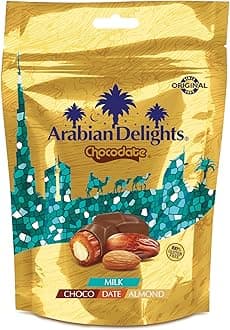 Luxurious Dates with Nuts Arabian Delights Milk Chocodate with Almond 100 gm, Chocolate Coated Bite-Sized Snacks, Stuffed w/ Golden Roasted Almonds, Dates Snacks & Sweets