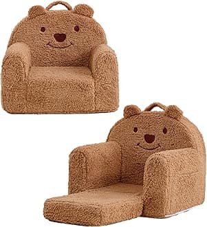 Toddler Chair,Sherpa Bear Toddler Couch Fold Out,Children Reading Chair,Flip Out Kids Couch,Kids Sofa Convertible for Age 1-3(Brown Bear)