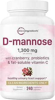 Pure D Mannose 1,300mg with Cranberry & Probiotics, 240 Veggie Capsules | Urinary Tract Health for Women | Plus 1 Million CFU Probiotics Blend & High Absorption Vitamin C | Filler Free, Non-GMO