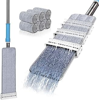 MASTERTOP Microfibre Floor Mop, Flat Floor Mop with Self Wringing System, Hands Free Wet & Dry Mops for Cleaning Hardwood, Tile, Laminate, Marble - White + Blue, Send 6 Reusable Microfibre Pads