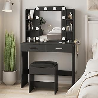 Vabches Vanity Desk with Lights,Makeup Vanity with Power Strip,Dressing Table Set with 2 Large Drawers,Vanity Mirror 3 Lighting Color Adjustable,Black