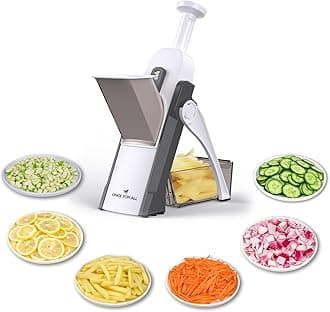 ONCE FOR ALL Safe Mandoline Slicer 5 in 1 Vegetable Chopper Food Potato Cutter, Strips Julienne Dicer Adjustable Thickness 0.1-8 mm Kitchen Chopping Artifact Fast Meal Prep (Gray)