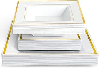 MATANA 120-Piece Reusable White Plastic Dinnerware Set with Gold Rim – 40 Dinner Plates, 40 Dessert Plates & 40 Bowls – Elegant Square Tableware for Weddings, Birthdays, Parties & Events