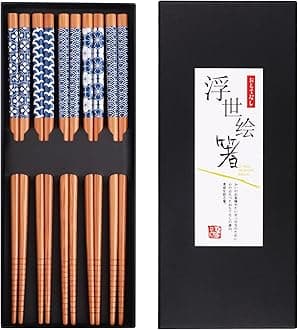 Bamboo Chopsticks Reusable Japanese Style Lightweight 5 Pairs Ramen Chop Sticks Case Gift Set