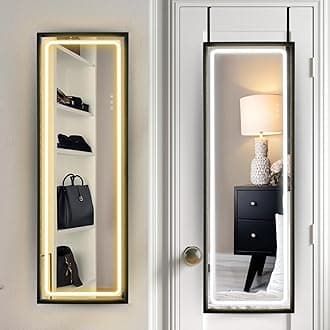 LUXFURNI Large Wall Mirror with LED Lights, 42.5 X 14.4 Wall Mounted Over-The-Door Hanging Mirror Full Size Body Mirror with Brightness Adjustment Dressing Bedroom Glass Mirror