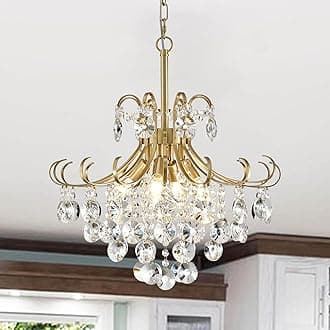 Gold Crystal Chandeliers for Dining Room, 4-Light Modern Crystal Light Fixture, Living Room Bedroom Pendant Ceiling Lamp, Luxury Hanging Light, H 17.7'' x W 18.1''