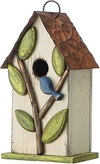 Glitzhome 9.7" H Hanging Birdhouse for Outdoor Patio Garden Decorative Pet Cottage Distressed Wooden Bird House for Finch Swallow Wren Chickadee, Leaves Rustic White