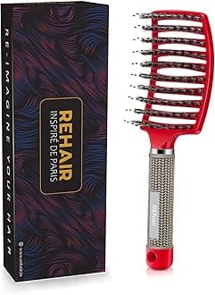 Premium Boar Bristles Detangler - Pain Free Hair Brush - Vented Design for Faster Blow Drying (Red)