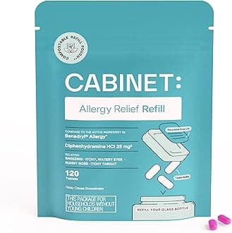 Cabinet: Diphenhydramine 25mg Allergy Relief Antihistamine Tablets for Allergies, Hay Fever, and Runny Nose, 120 Tablets (Refill)