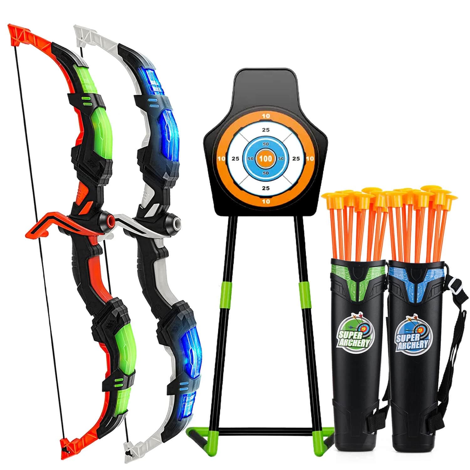 2 Pack Bow and Arrow Set for Kids LED Lights Archery Toy Set -Includes 2 Bows 20 Suction Cup Arrows & 2 Quivers & 1 Standing Target Outdoor Toys for Kids Boys & Girls Ages 3-12 Years Old