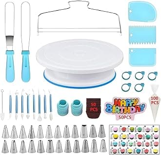 YOQXHY 248 Pcs Cake Decorating Kit,Baking Supplies Tools with Cake Turntable,Leveler,24 Numbered Icing Tips,2 Spatulas,3 Scrapers,8 Carved Pens,50 Cupcake Liners,100 Pastry Bags & More, (Blue)