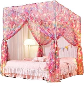 Mengersi Unicorn Bed Canopy for Girls With Lights - Princess Curtains for Room Decor, Queen Size