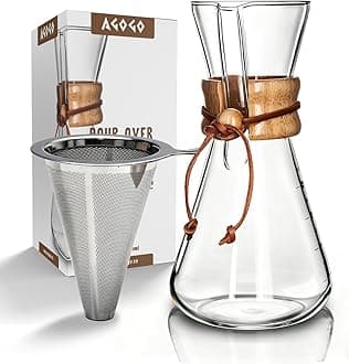 AGOGO Pour Over Coffee Maker Glass - Barista Kit with 304 Stainless Filter for Home, Office, Camping, Cafes - Easy Clean Coffee Dripper Set (Soft Towel&Brush) (20oz Slim Shape w/SS Filter)