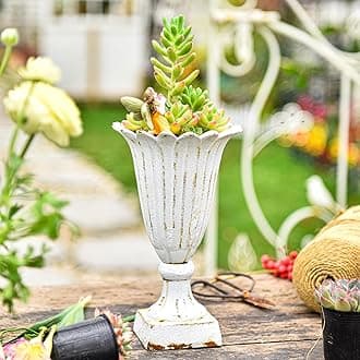 Sungmor Cast Iron Trumpet Centerpieces Flower Vase, Vintage Flower Pot Artificial Flower Display Stand, Rustic White Small Succulent Planters, Indoor Tabletop Planter Pot Home Office Decor