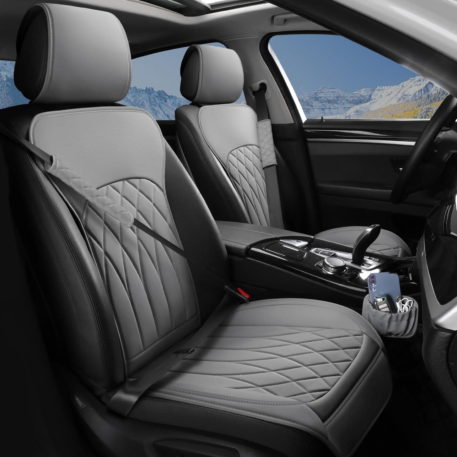 2 Pack Leather Front Car Seat Covers, Universal Sideless Car Seat Protectors with Storage Pocket and Seat Belt Pads, Waterproof Automotive Seat Cover for Cars Trucks SUV(Grey)