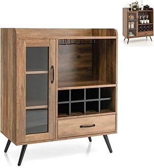 Wine Cabinet, Wooden Buffet Sideboard with Shelves, Removable Wine Racks, Drawer, Glass Holder & Door, Industrial Kitchen Storage Cupboard for Home Bar Dining Living Room