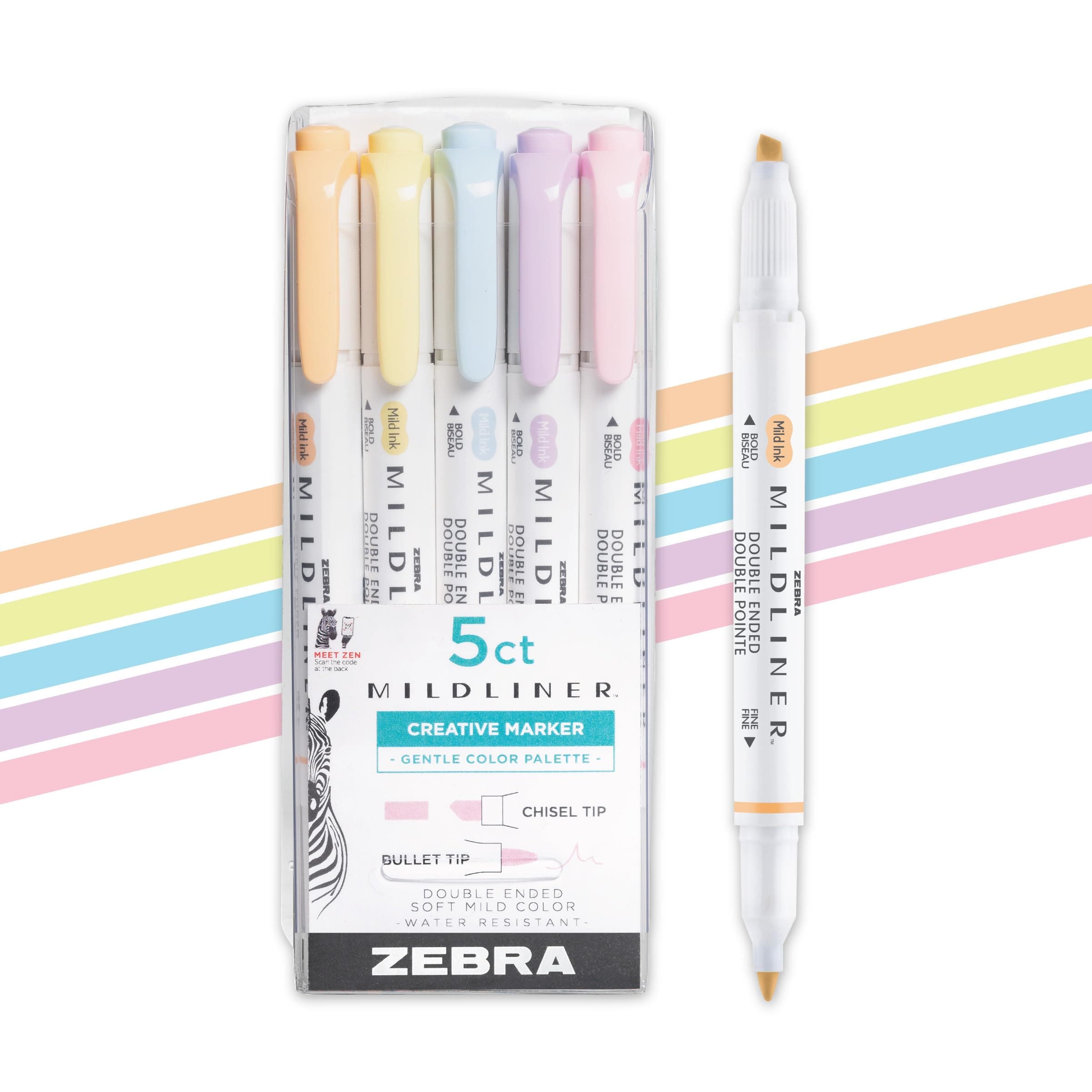 Mildliner Double Ended Highlighter Set, Chisel and Bullet Point Tips, Assorted Gentle Ink Colors, 5-Pack (78705)