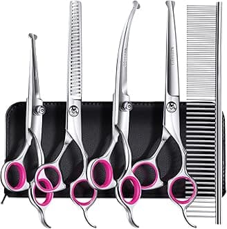 Gimars Professional 4CR Stainless Steel 6 in 1 Grooming Scissors for Dogs with Safety Round Tip, Heavy Duty Titanium Coated Pet Grooming Scissor for Dogs, Cats and Other Animals