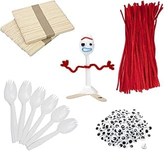 KAISHANE Fork Creativity Set, 100 Sets Forky DIY Creative Crafts Pack Plastic Sporks Red Pipe Cleaners Googly Eyes Popsicle Stick