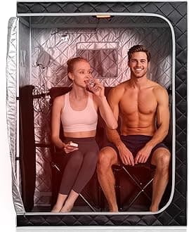 Smartmak Portable Far Infrared Sauna, Home Two Person Sauna Box with 660nm Red Light Therapy Lamp, X-Large Full Size Indoor SPA Tent for Body Recovery, Remote Control, 2 Folding Chairs, Greyborder
