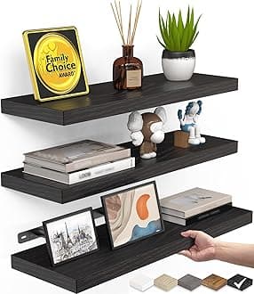 BAYKA Floating Shelves for Wall, Wall Mounted Rustic Wood Shelves for Bathroom, Bedroom, Living Room, Kitchen, Hanging Shelf for Books/Storage/Room Decor with 22lbs Capacity (Black, Set of 3, 15.7in)