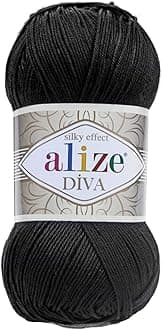 Alize Diva Silk Effect 100% Microfiber Acrylic Sport Yarn 1 Ball skeins 100gr 383yds Color (60 - Black)