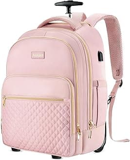 Rolling Backpack Carry On Luggage For Adults With Wheels, 40L Wheeled Backpack For Women, Travel Roller Backpack, Rolling Bag, Pink Gold