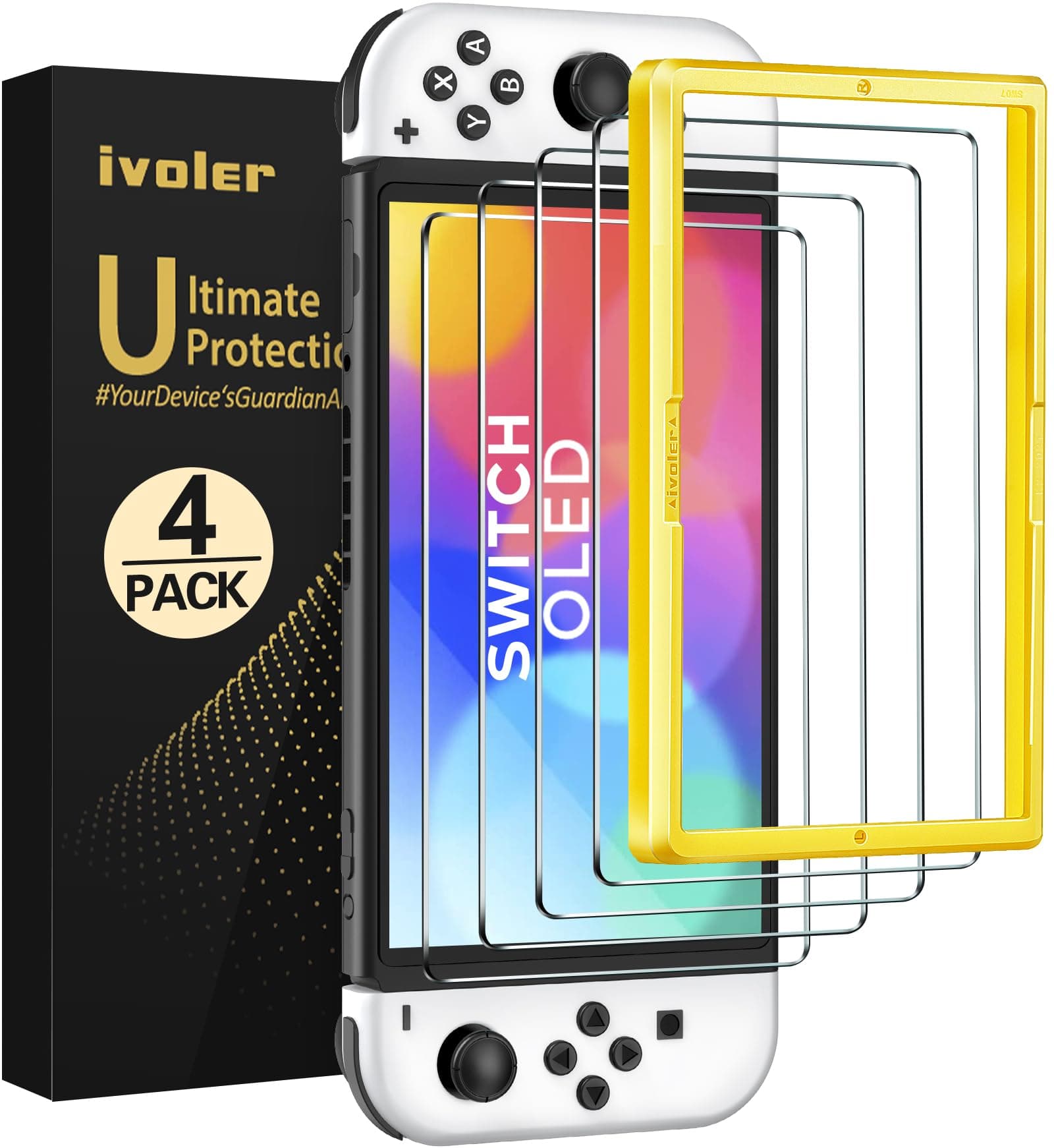 ivoler 4-Pack Tempered Glass Screen Protector Designed for Nintendo Switch OLED Model 2021&2023 with [Alignment Frame] Transparent HD Clear(Updated Version) Screen Protector for Switch OLED 7''