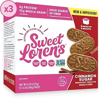 Sweet Loren's Vegan Breakfast Biscuits | Cinnamon Sugar | 4g Protein, 19g Whole Grains | Plant Based, Gluten Free, Dairy Free, Nut Free Snacks | 3 Pack (45 Total Biscuits, 1.6 ounce each)