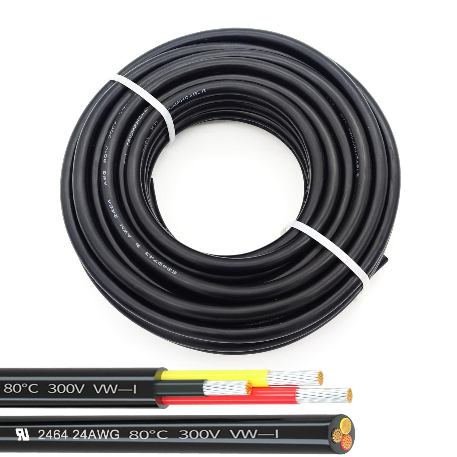 24AWG UL2464 Power Cable Stranded Electrical Wire LED Red & Black & Yellow 3 Conductors tinned Copper 3Cord(2464-24AWG-3C- 25ft)