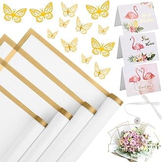 20 Sheets Flower Wrapping Paper - Waterproof Floral Bouquet Wrapping Paper, Florist Supplies with 3D Gold Butterfly Decor, Greeting Cards(White)