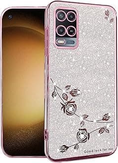 Phone Case for Oppo A54 4G Clear Glitter Floral, Cute Slim for Oppo A54 4G Case Silicone Shockproof Protective Women Girls Cover Sparkle Aesthetic (Pink-Silver)