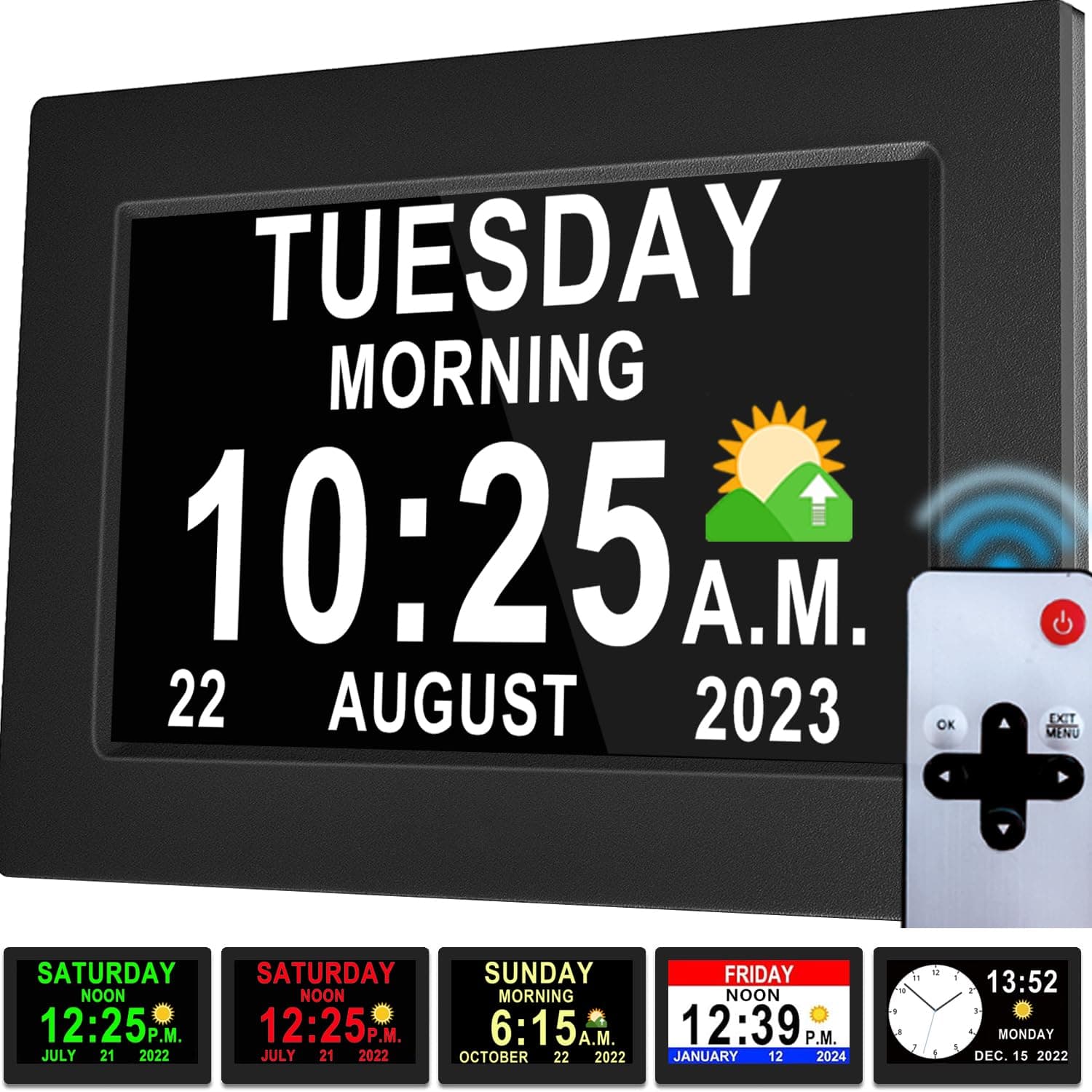 Véfaîî Dementia Clock 2.0 with Auto DST, 20 Custom Reminders, Day Clock with Sun/Moon icons for Elderly, Sleep Trainer, 7" with Remote & HD Picture Frame