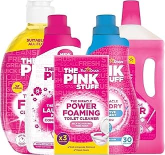 Pink Stuff 5-Item Cleaning Bundle Gift Set 1 Non bio Laundry Liquid 32 Washes, All Purpose Floor Cleaner 1L, Fabric Conditioner 32 Washes, Foaming Toilet Cleaner, Direct To Floor Cleaner 750ml