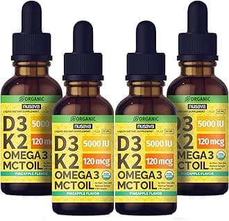 (4 Pack) Organic Vitamin D3 K2 Drops with MCT Oil Omega 3, Maximum Strength Vitamin D Liquid 5000 IU, No Fillers, Non-GMO Liquid D3 for Faster Absorption and Immune Support (Pineapple, 4 Fl Oz)