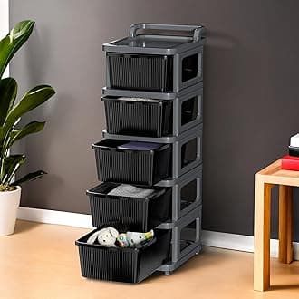 Kuber Industries 5 Layer Heavy Duty Plastic Storage Drawer with Wheels | Modular Cabinet for Bedroom, Office, Home | Chest of Drawers Organiser for Cosmetics, Kitchen items, Toys | Grey & Black