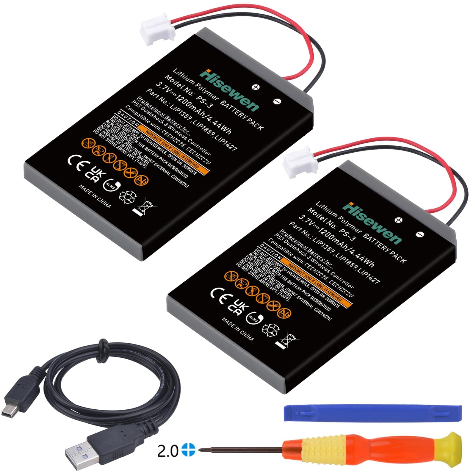 Hisewen PS3 Controller Battery, 2 Pack LIP1359/LIP1472/LIP1859 Replacement Battery for Sony Playstation 3 PS3 Dualshock 3 CECHZC2E CECHZC2U SIXAXIS CECHZC1E CECHZC1H CECHZC1J CECHZC1U Wireless