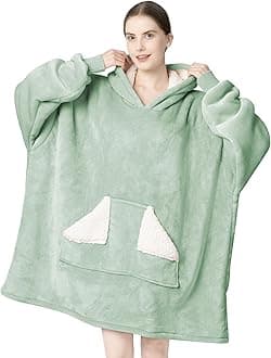 Wearable Blanket Hoodie, Oversized Sherpa Blanket Sweatshirt with Hood Pocket and Sleeves, Gifts Hooded Blanket for Adult Women Men (Green)