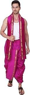Rameshwaram Fabrics Men's Silk Ready to Wear Dhoti for men (Readymade Dhoti Pant with Dupatta), Suitable with Kurta, Free Size, RANI, Free Size