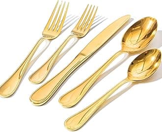 KINGSTONE 40 Piece Teardrop Silverware Set for 8, 18/10 Stainless Steel Flatware Set, Modern Design Cutlery Set for Home/Hotel/Wedding,Mirror Polished and Dishwasher Safe, Gold