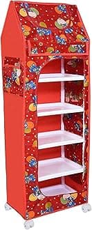Almirah for Clothes, Multipurpose Collapsible Wardrobe for Kids Toys/Books, Baby Cupboard for Storage in Bedroom Nursery, Plastic Cartoon With Wheels (Maroon)