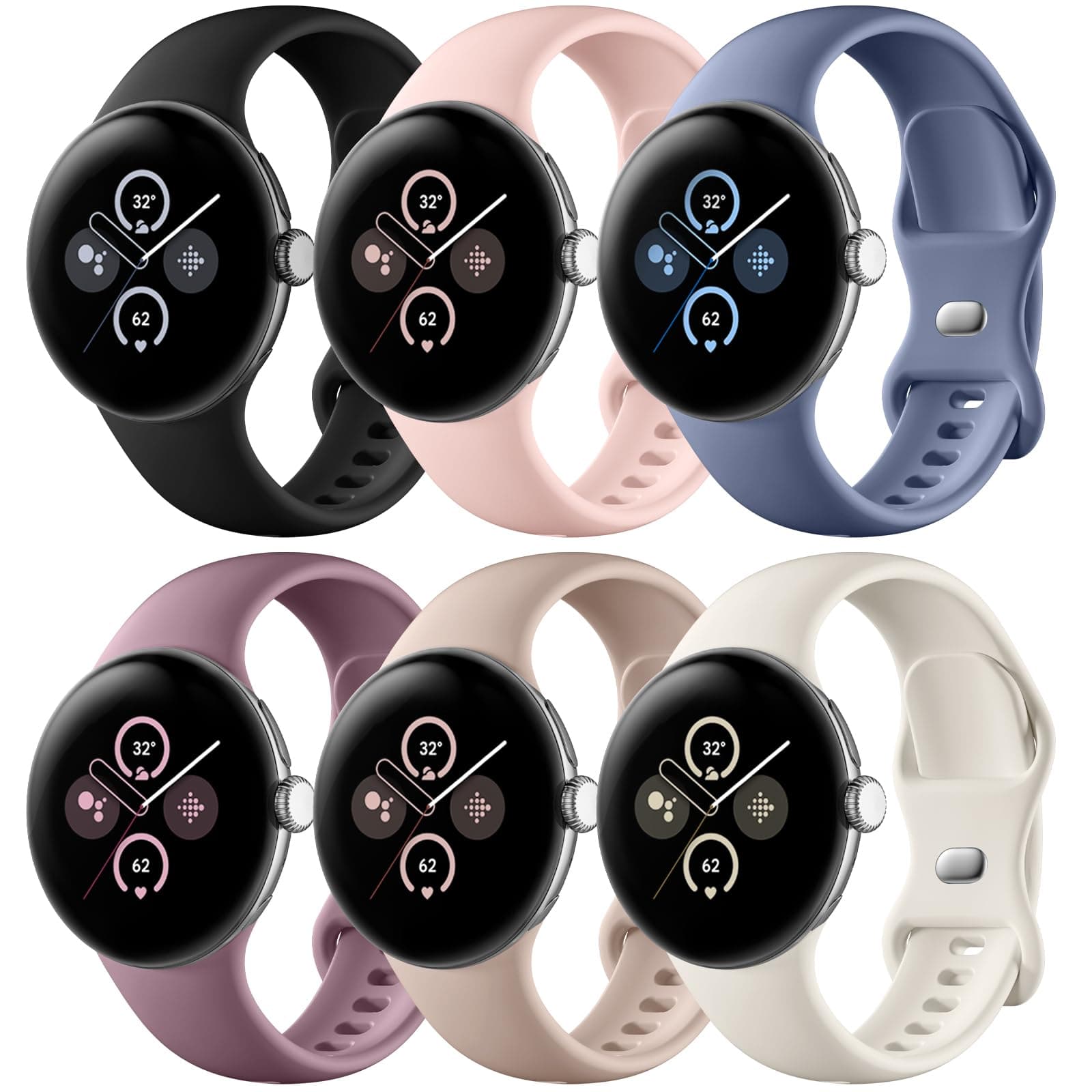 Compatible with Google Pixel Watch 3 45mm Band/Google Pixel Watch 2 3 1 41mm Band for Women Men, 6 Pack Soft Silicone Waterproof Sport Wristbands Replacement Straps for Pixel Watch Accessories