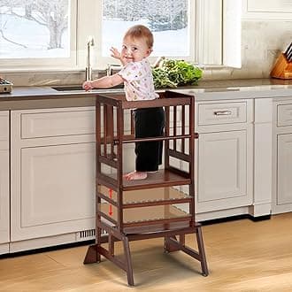 COSYLAND Toddler Standing Tower - Adjustable Height Toddler Kitchen Stool Helper - Kids Kitchen Step Stool for Learning with Removable Safety Railing Brown