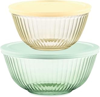 Colors (2-Pack) Sculpted Tinted Small/Medium Glass Mixing Bowls With Plastic Lids, Nesting Space Saving Set of Bowls For Prepping and Baking, 1.3QT & 2.3QT