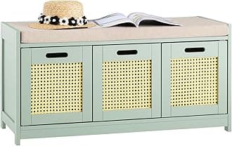 SoBuy Shoe Storage Bench Shoe Rack with Seat Cushion - Modern Hallway Storage Unit with Drawer & Rattan Doors for Entryway, Bedroom - Green 90x35x45cm, 150kg Load - FSR182-GR